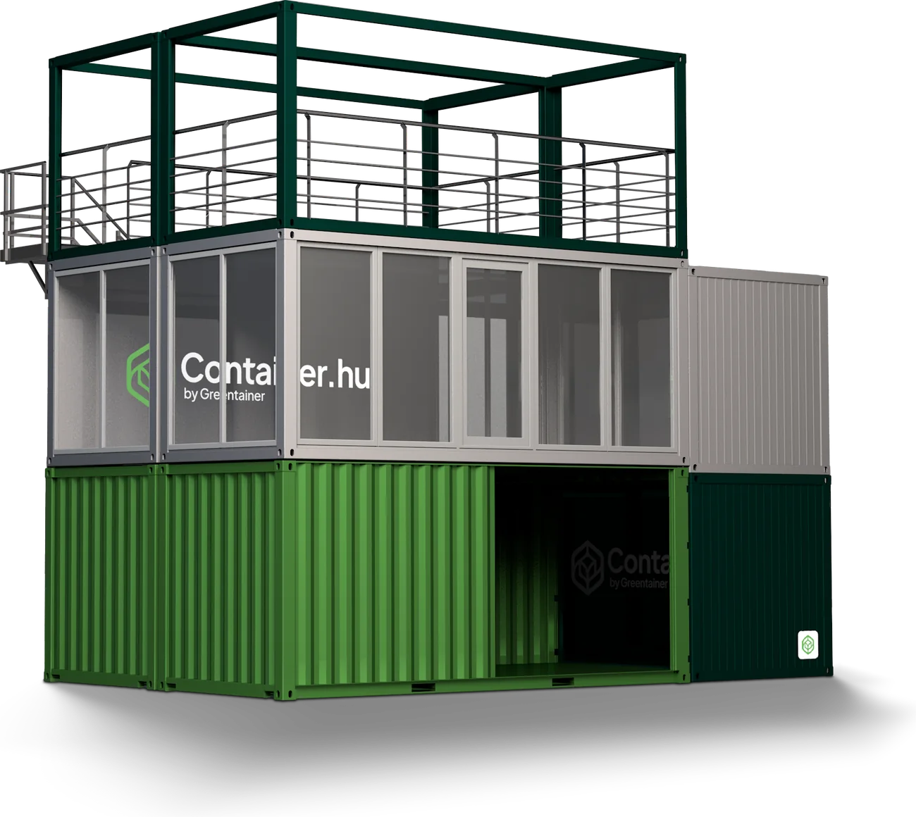 Kétszintes irodakonténer-együttes: üvegfalú irodamodulok tetőterasszal és lépcsővel, alattuk zöld tengeri konténerek, Container.hu by Greentainer felirattal – látványterv