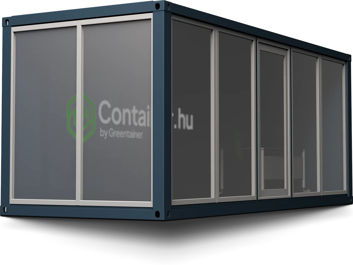 Üvegfalú konténeriroda Container.hu by Greentainer felirattal – látványterv