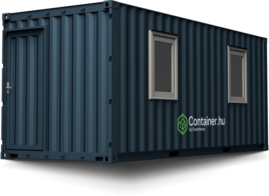 GT20' tengeri irodakonténer ajtóval és két ablakkal, Container.hu by Greentainer felirattal – látványterv